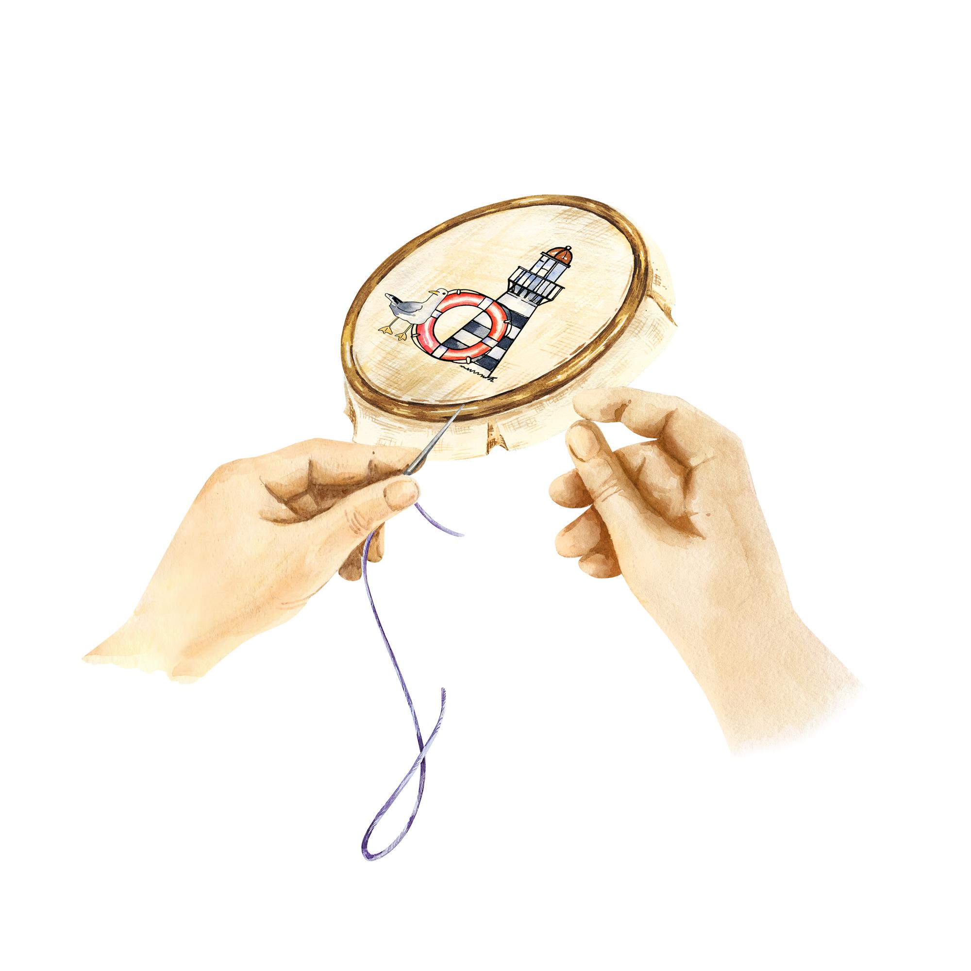 Hands threading needle over hoop