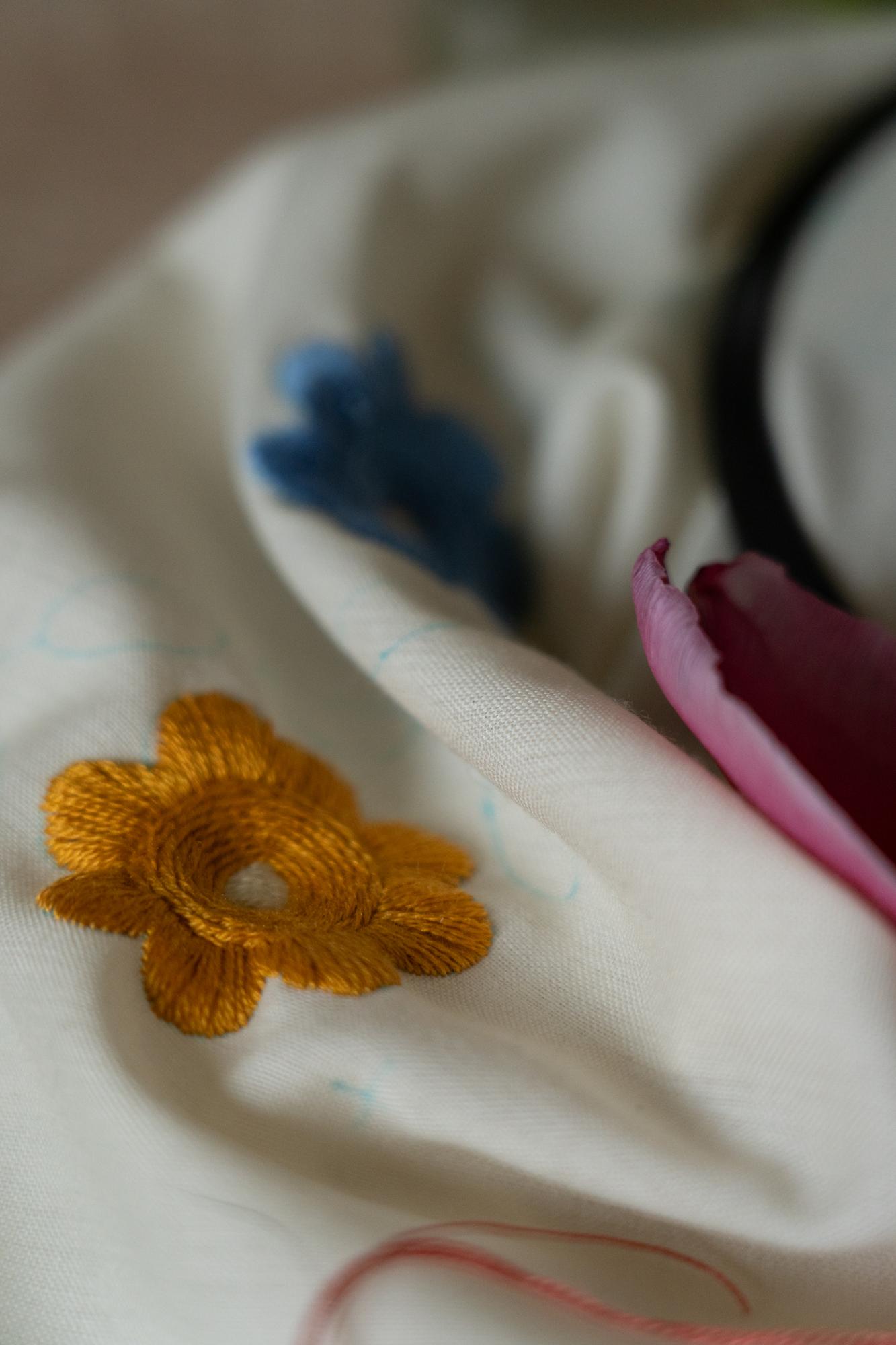 Close up of embroidered floral detail on linen